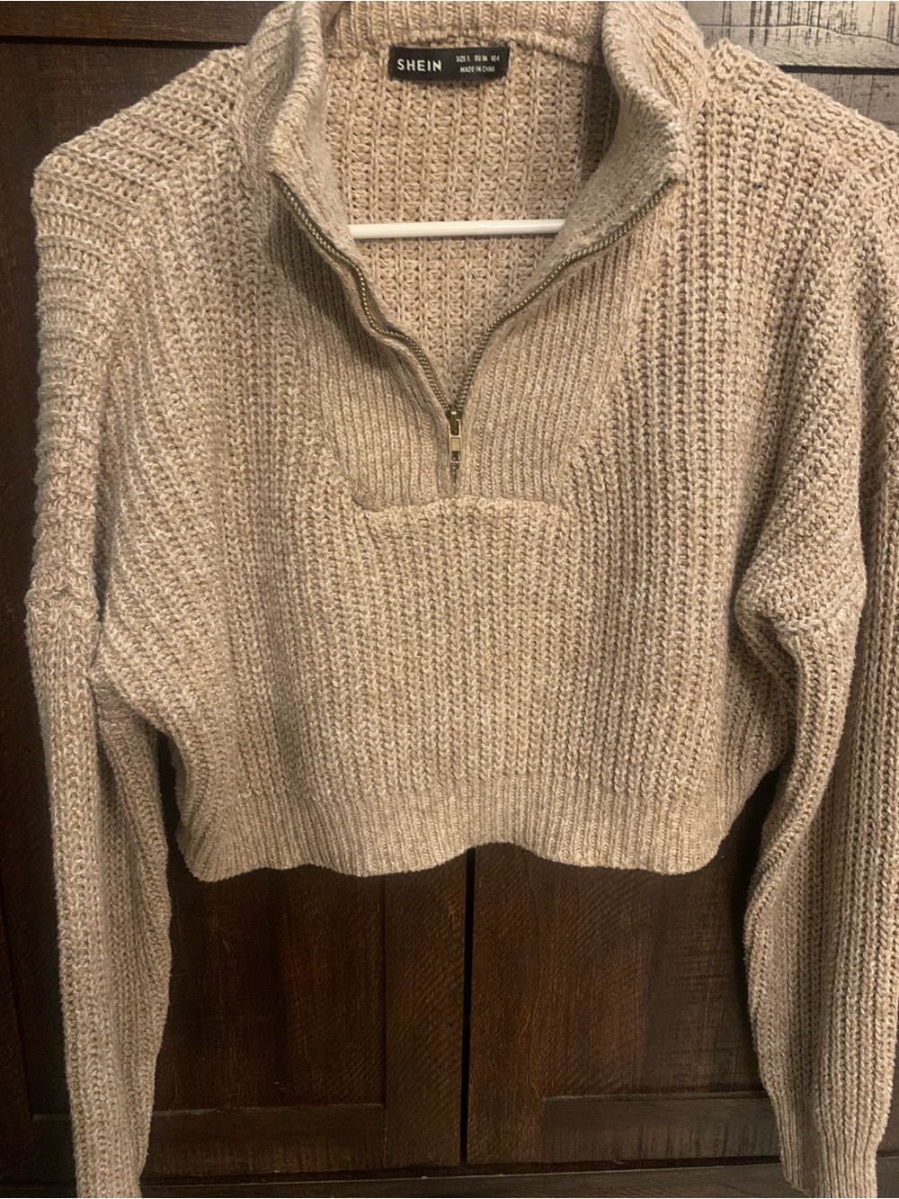 SHEIN Beige Quarter-Zip Cropped Chunky Knit Sweater